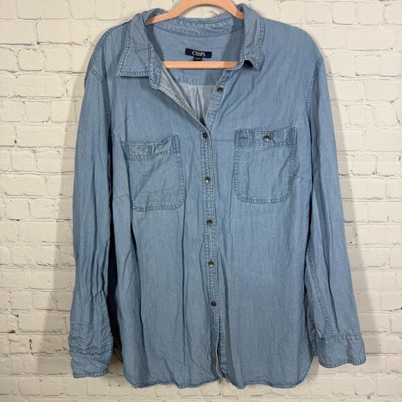 Chaps Denim Button Shirt Womens Plus 1X Chambray Long Sleeve Lyocell Cotton Top - Picture 1 of 9